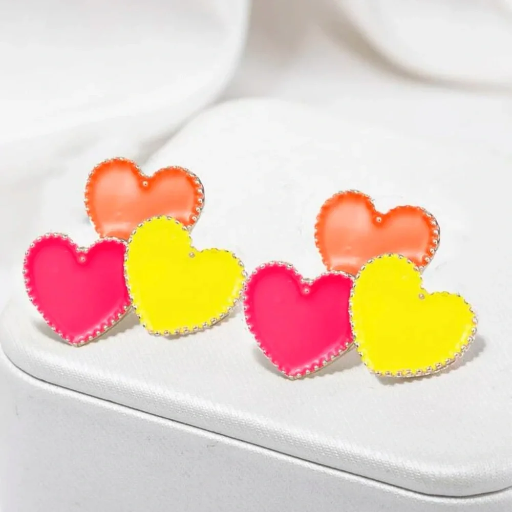 Triple Heart Earrings | Neon Pink Yellow Orange Statement